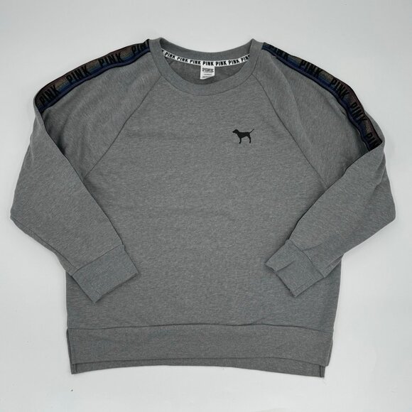 Victorias Secret Pink Grey Crewneck Sweatshirt With Dog Logo & Shoulder Stripe D - Picture 1 of 9